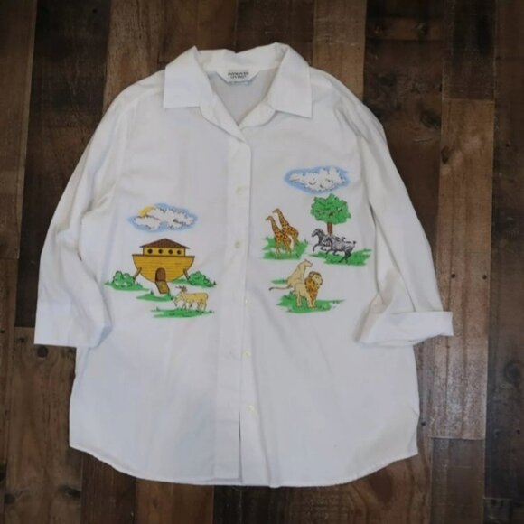 Improved Living Womans Large Noah's Ark Button Up 3/4 Sleeve 90s Christian - Picture 1 of 5